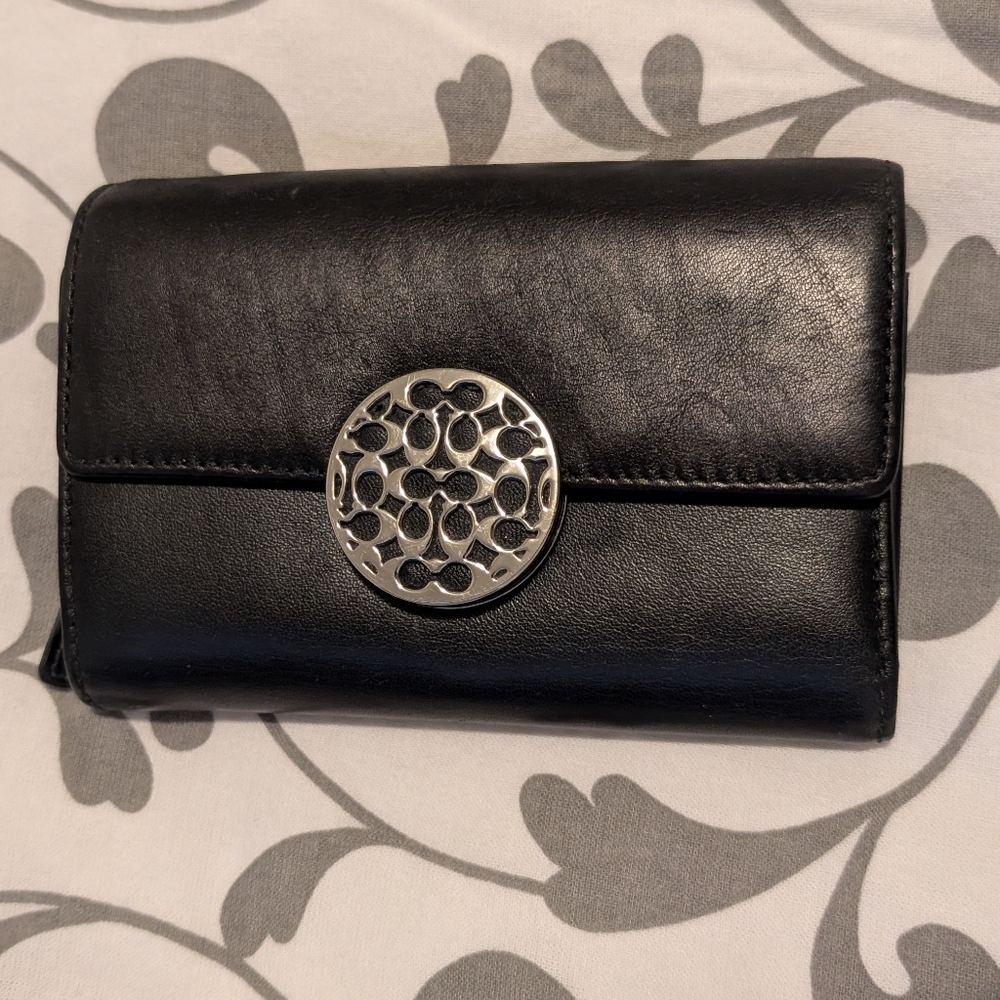 Coach Black Leather Alexandra Slim Envelope Wallet with Silver Medallion